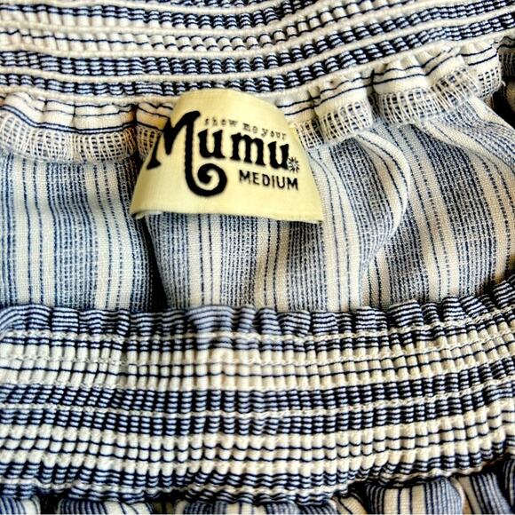 Show Me Your Mumu Dress Womens Size M Blue Stripe Off Shoulder Summer Mini Boho - Picture 4 of 9